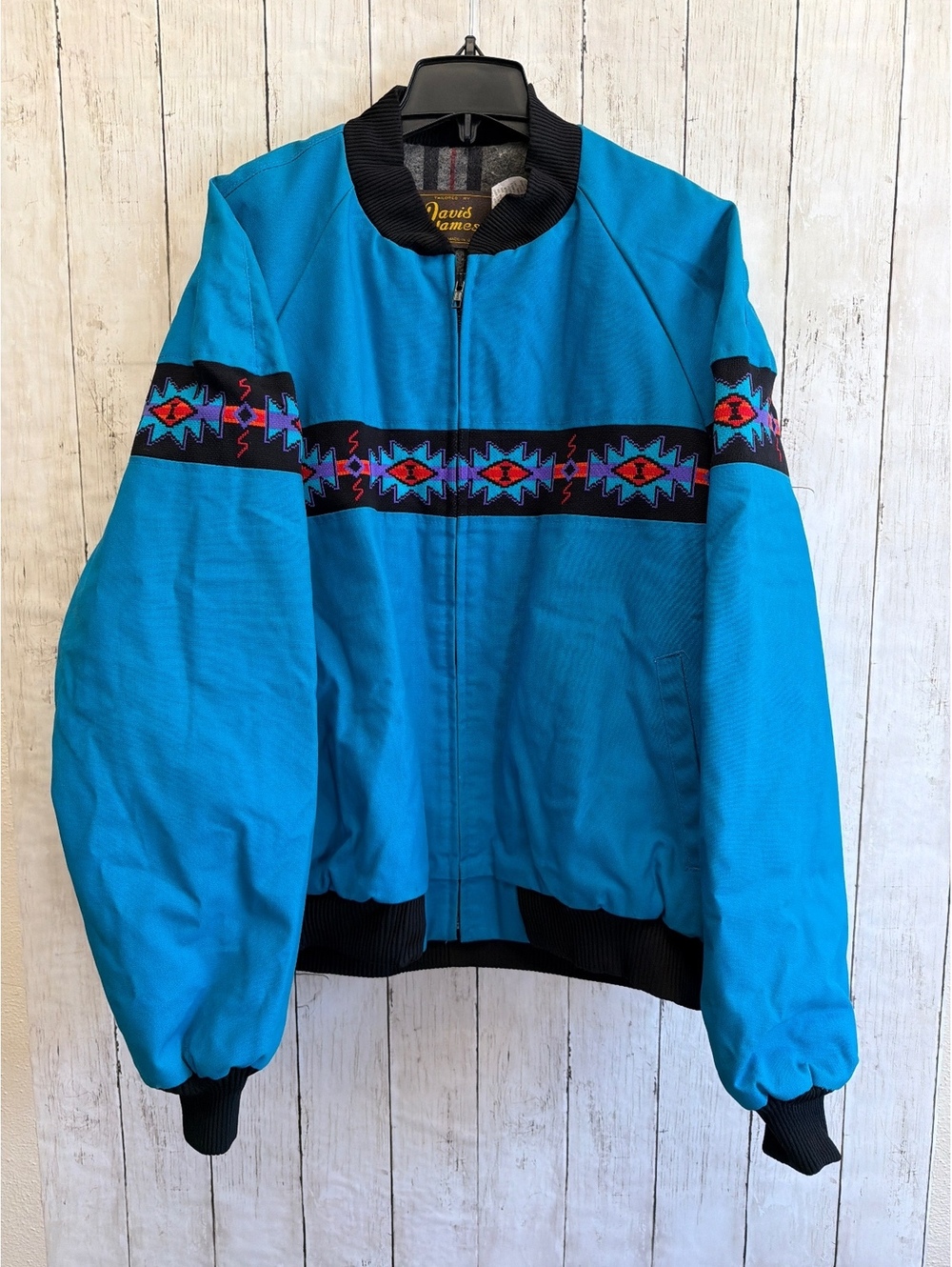 Vintage David James Blue Teal XL Bomber Jacket with Native Pattern Trim EUC